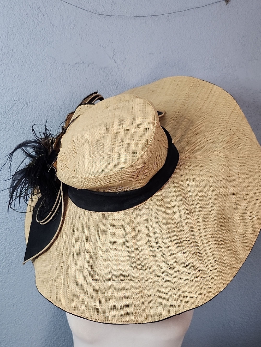 Wide-Brim Straw Sun Hat with Black Floral Accent - Picture 2 of 4